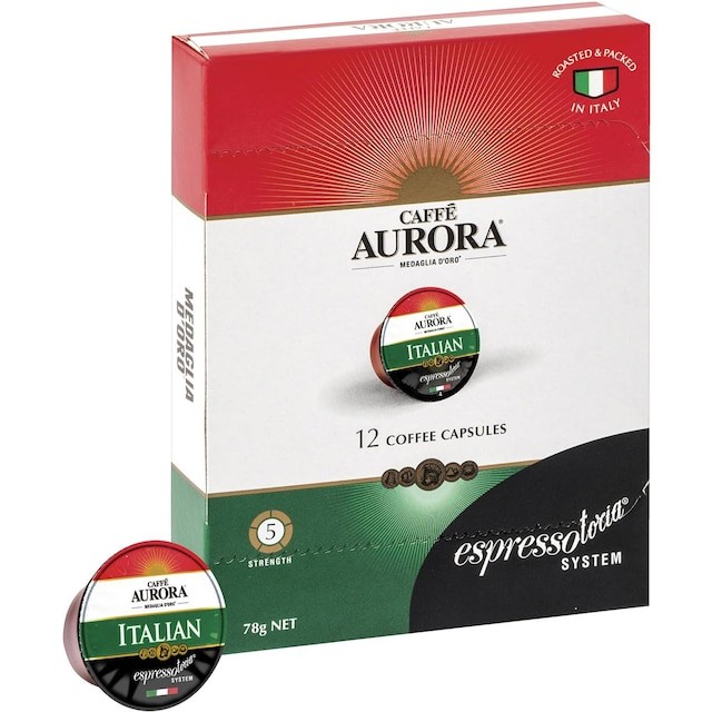 cafe aurora brand coffeee packet with red white and green italian flag motif